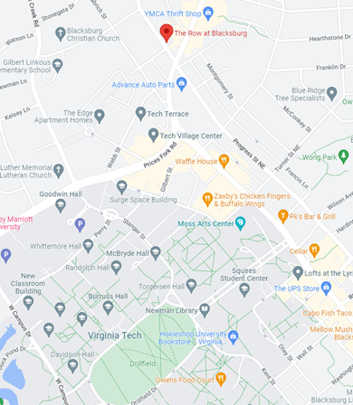 Map of Blacksburg Virginia showing the Row apartments next to Virginia Tech